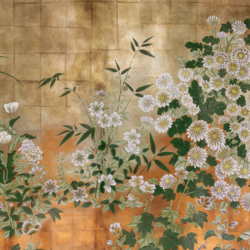 Обои ручная роспись Uki Hana Original colourway on custom gold gilded Xuan paper with antiquing