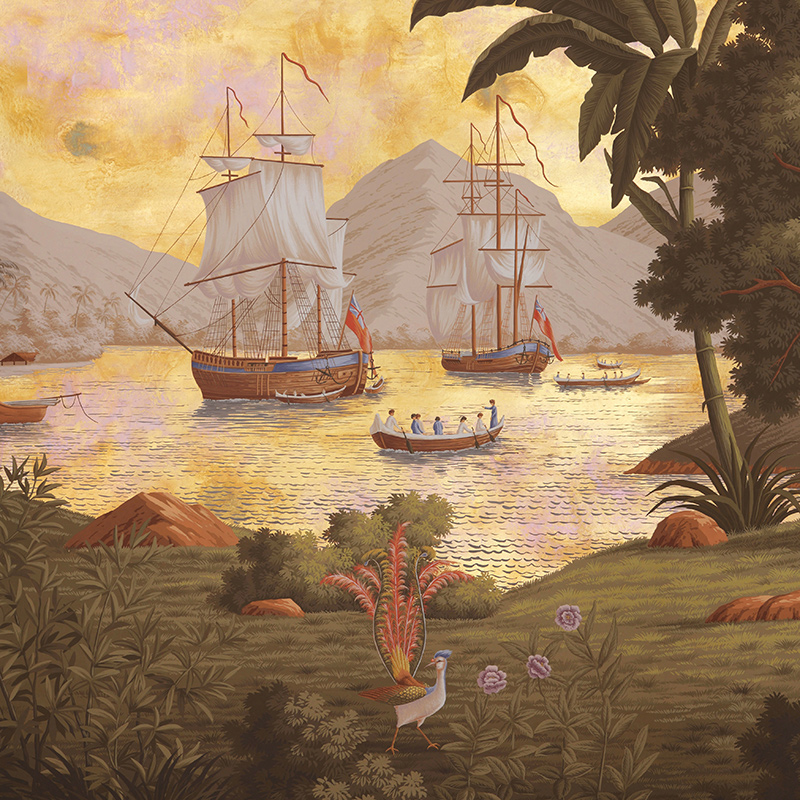 Обои ручная роспись Voyage of the Pacific Amarelo on Deep Rich Gold gilded paper with antiquing
