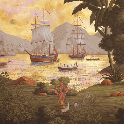 Обои ручная роспись Voyage of the Pacific Amarelo on Deep Rich Gold gilded paper with antiquing