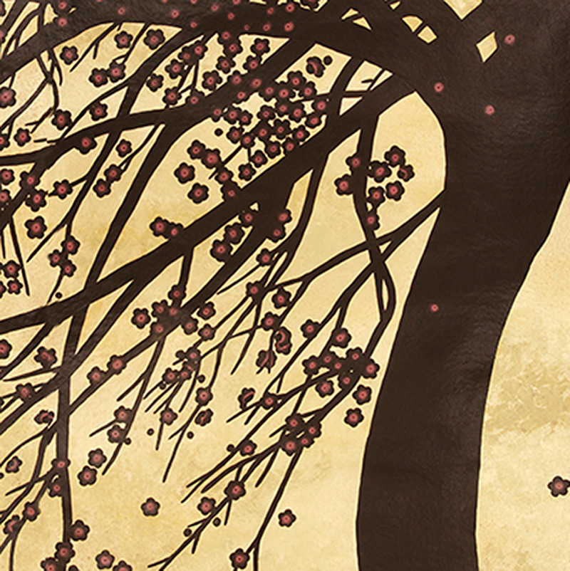 Обои ручная роспись Windswept Blossom Noir on Warm Gold gilded Xuan paper with pearlescent antiquing