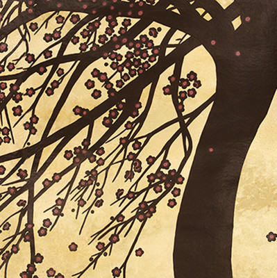 Обои ручная роспись Windswept Blossom Noir on Warm Gold gilded Xuan paper with pearlescent antiquing