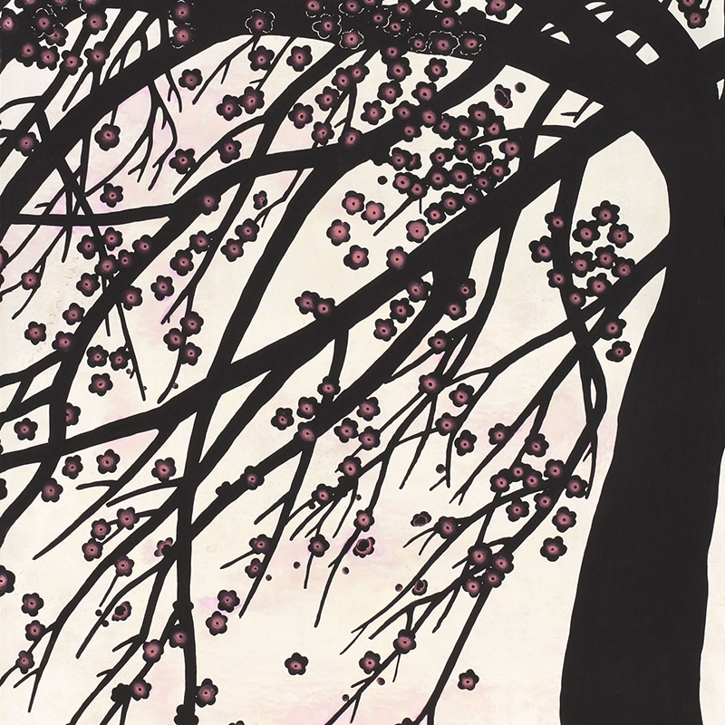 Обои ручная роспись Windswept Blossom Noir on White Metal gilded silk with pearlescent antiquing