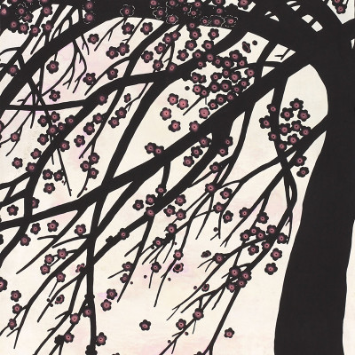 Обои ручная роспись Windswept Blossom Noir on White Metal gilded silk with pearlescent antiquing