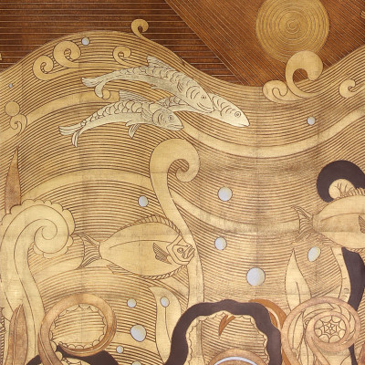 Обои ручная роспись в стиле Арт-деко Deco Dawn Bas Relief on Deep Rich Gold gilded paper