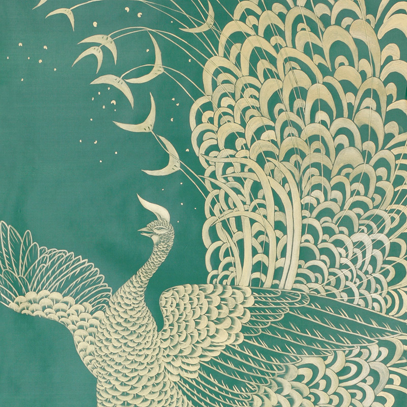 Обои ручная роспись в стиле Арт-деко Whistler Peacocks Original colourway on green painted silk
