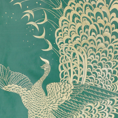 Обои ручная роспись в стиле Арт-деко Whistler Peacocks Original colourway on green painted silk