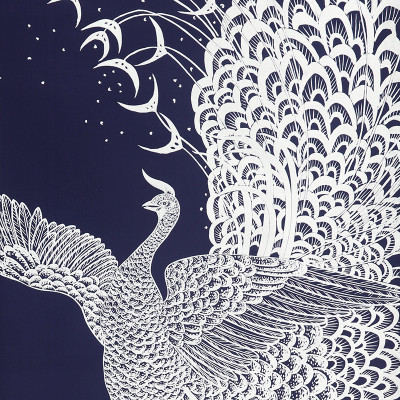 Обои ручная роспись в стиле Арт-деко Whistler Peacocks Special Colourway on Empire Blue dyed silk
