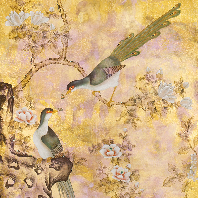 Обои шинуазри Japanese Garden Original colourway on Deep Rich Gold gilded paper with bronze pearlescent antiquing