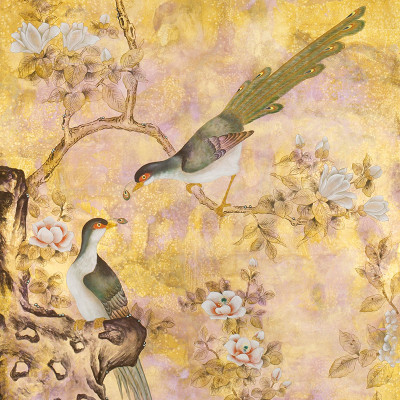 Обои шинуазри Japanese Garden Original colourway on Deep Rich Gold gilded paper with bronze pearlescent antiquing