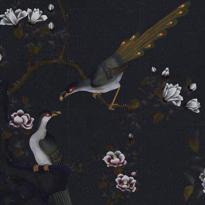 Обои шинуазри Japanese Garden Original colourway on Pitch India tea paper