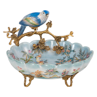 Пепельница фарфоровая голубая с фигуркой попугай на ветке Parrot