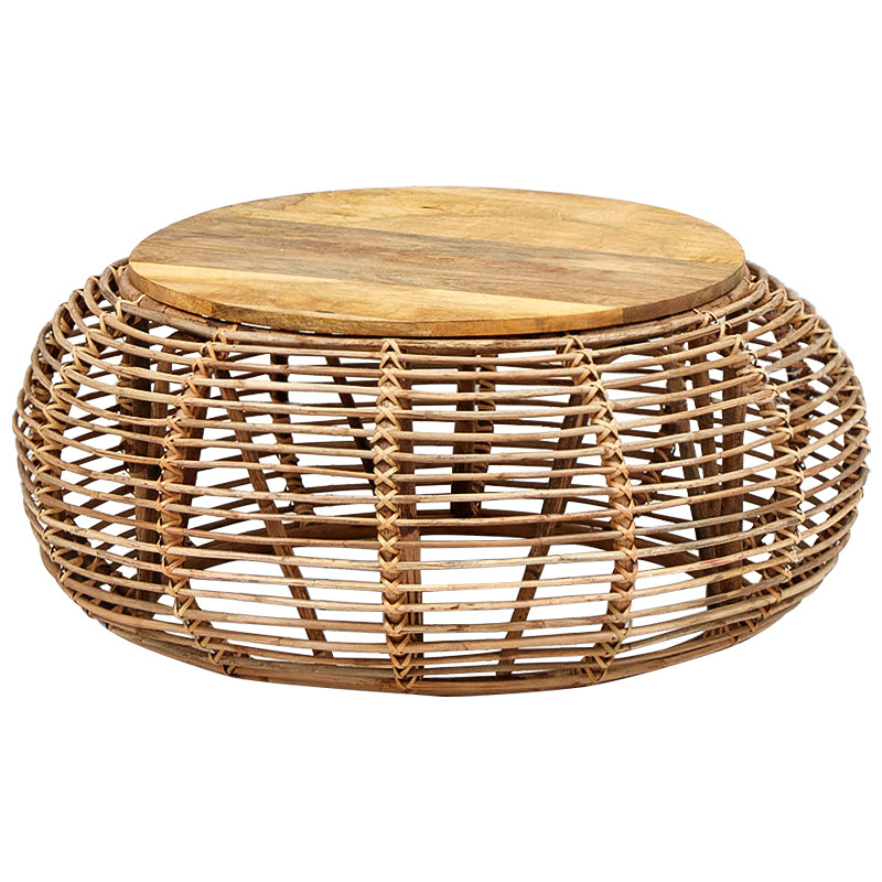 Плетеный кофейный стол с деревянной столешницей Wicker Wood Coffee Table