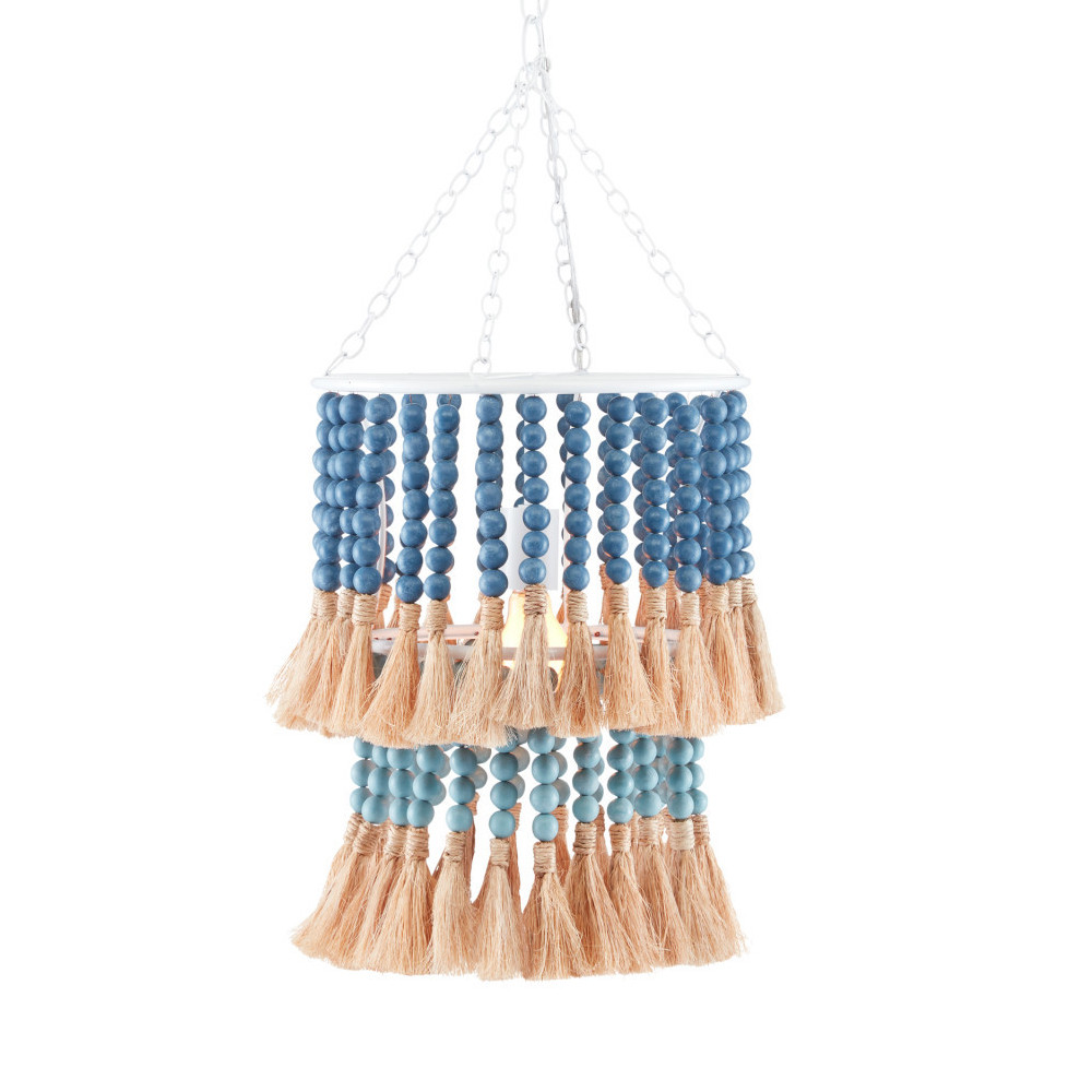 Подвесной светильник двухъярусный с декором из круглых деревянных бусин с кисточками Blue Wooden Beads Chandelier