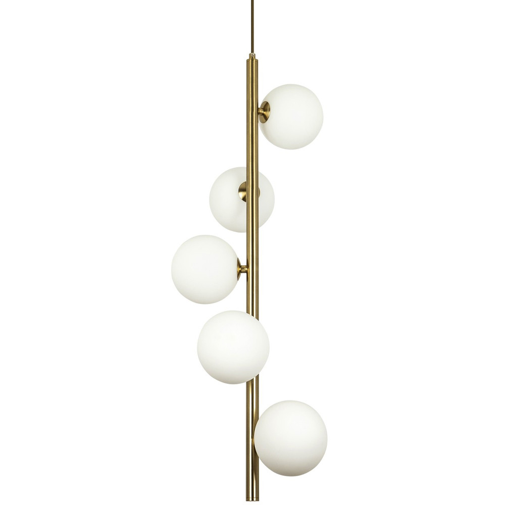 Подвесной светильник с 5-ю сферическими плафонами из матового стекла Pearls Suspension Brass Tube Hanging Lamp