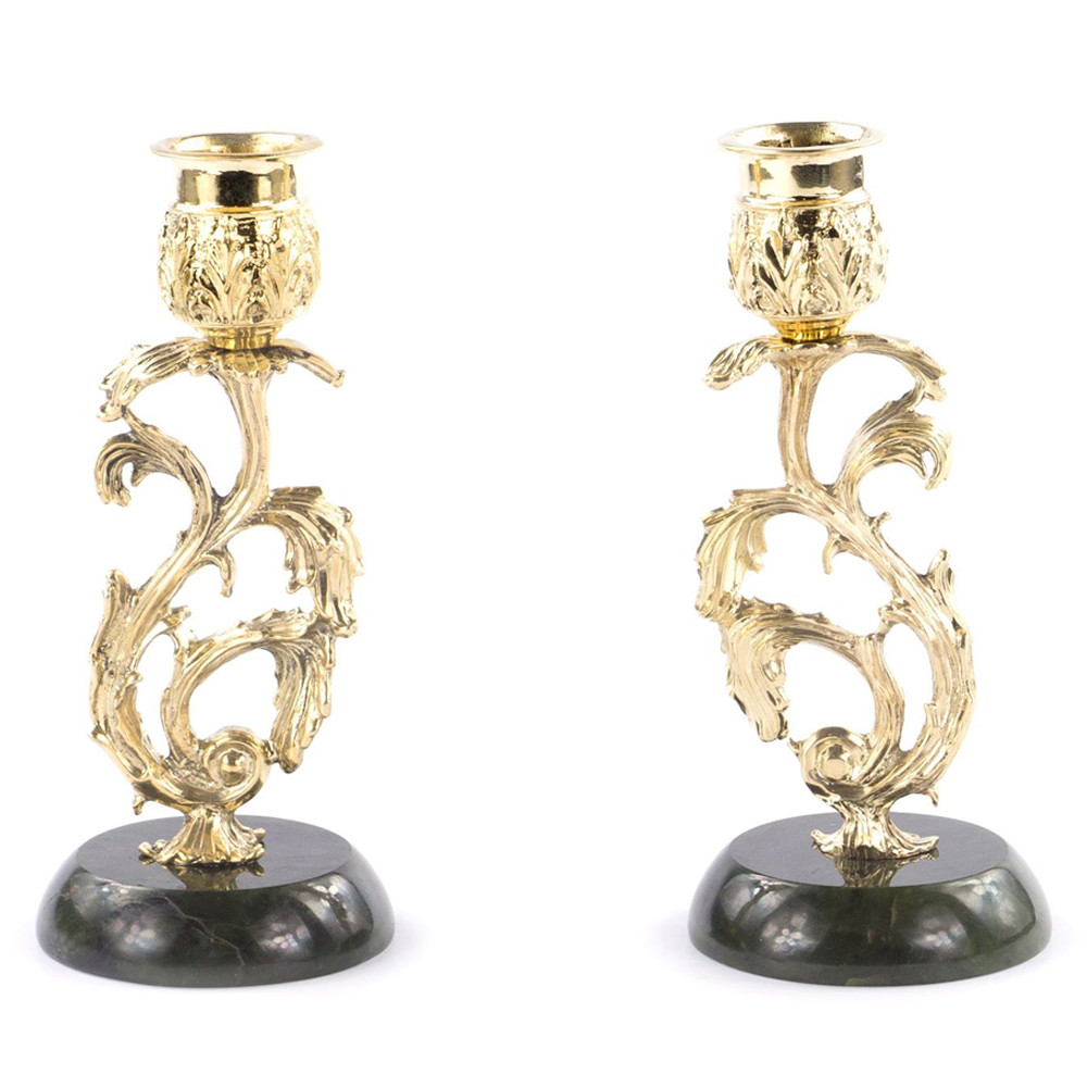 Подсвечники бронзовые на подставке из натурального камня нефрит Stone Candlestick