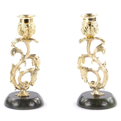 Подсвечники бронзовые на подставке из натурального камня нефрит Stone Candlestick