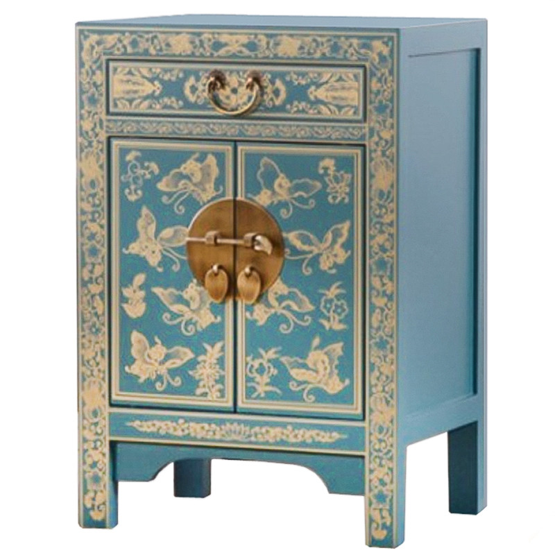 Светло-бирюзовая тумба в Китайском стиле ручная роспись Light Turquoise Chinese Nightstand