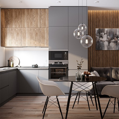 Серый матовый кухонный гарнитур с фасадом под дерево Vincens Kitchen Set