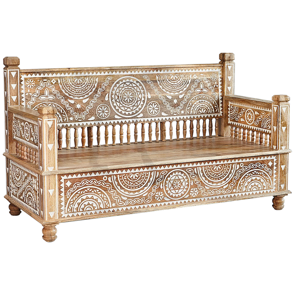 Скамья с резным декором из массива манго Grey Mango Collection Bench M