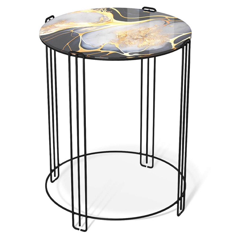 Стол журнальный круглый со столешницей из стекла Gold and Black Marble