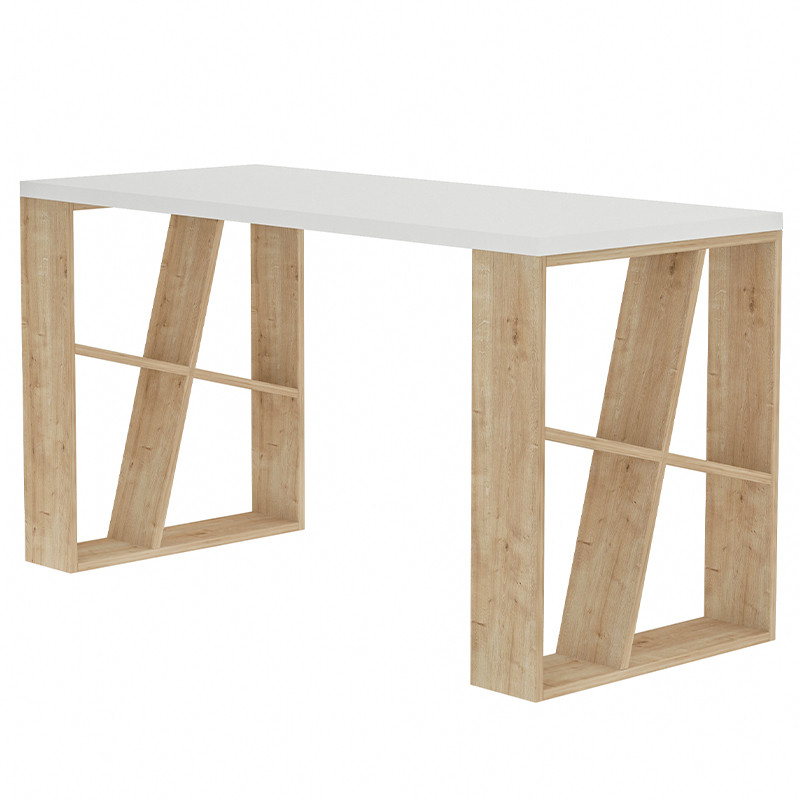 Стол письменный цвета древесины с открытыми полками и белой столешницей HONEY OAK
