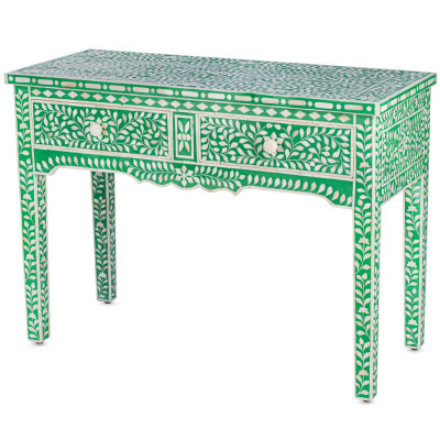 Стол рабочий зеленый орнамент кость BONE INLAY CONSOL TABLE 2 DRAWER