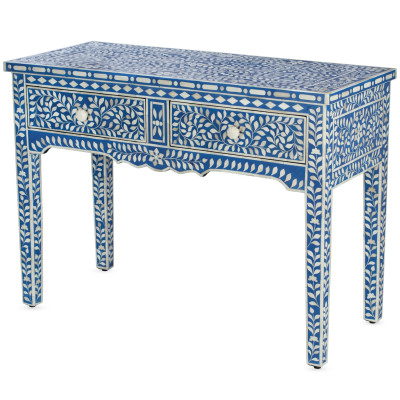 Стол рабочий синий орнамент кость BONE INLAY CONSOL TABLE 2 DRAWER