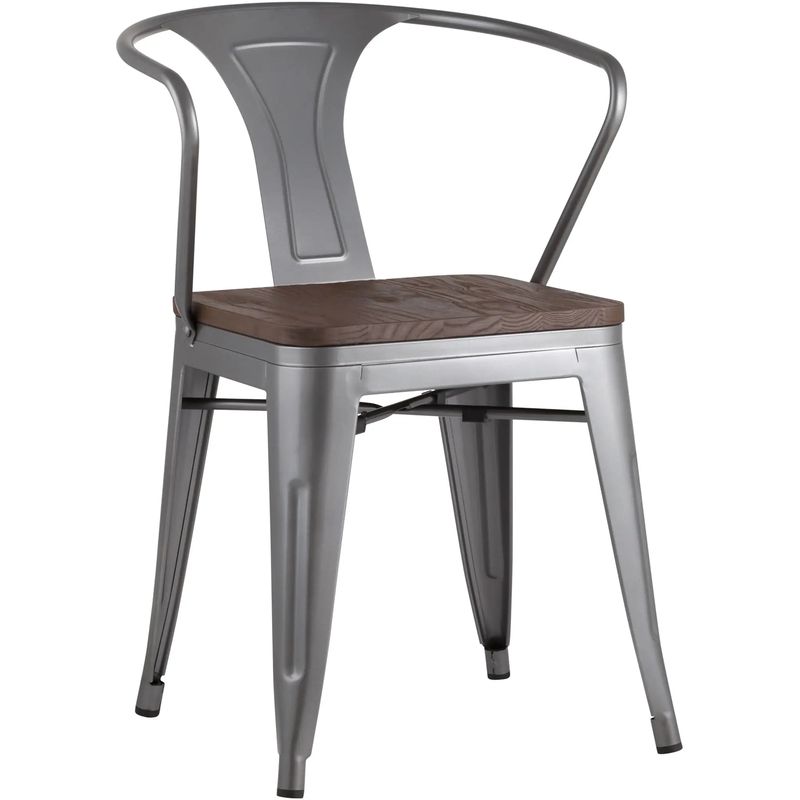 Стул Tolix с подлокотниками Серебристый Металлик Деревянное Сидение