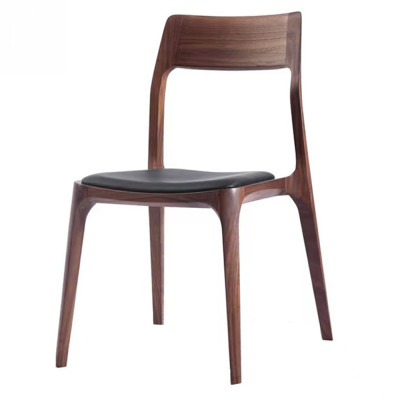 Стул деревянный с мягким сиденьем из черной натуральной кожи Moon Walnut Furniture