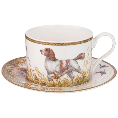 Чайная пара из фарфора с изображением собаки и зайцев 300 мл Hunting Porcelain Collection