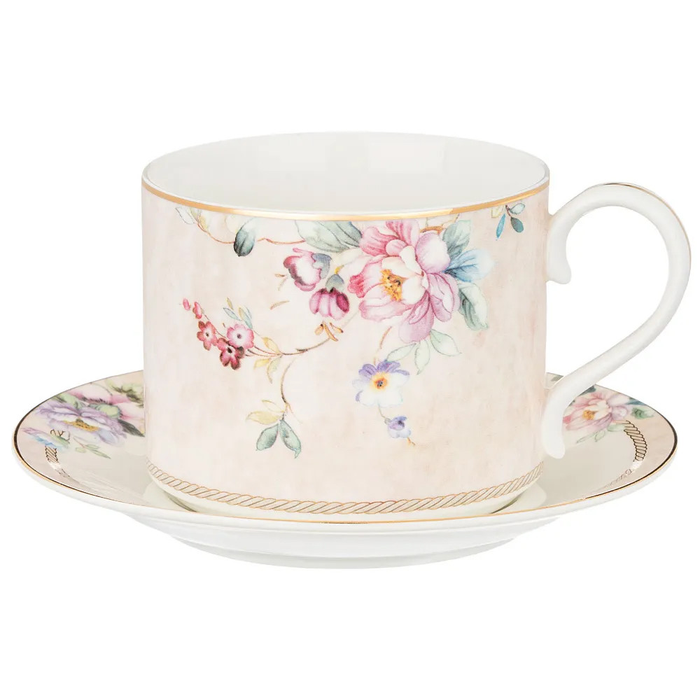 Чайная пара из фарфора с цветочным принтом 300мл Flower Porcelain Collection