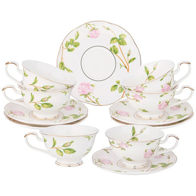 Чайный набор из фарфора белый с цветочным принтом на 6 персон 12 предметов Flower Porcelain Collection