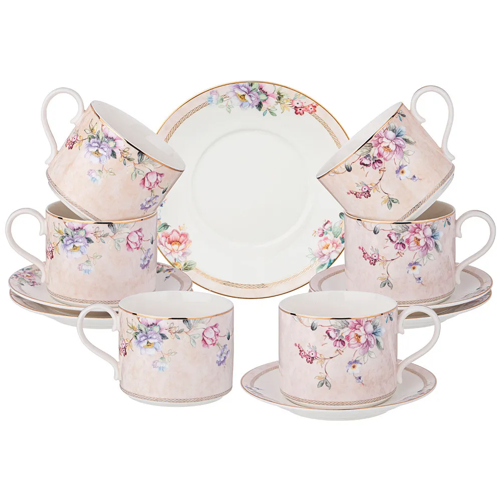 Чайный набор из фарфора с цветочным принтом на 6 персон 12 предметов Flower Porcelain Collection