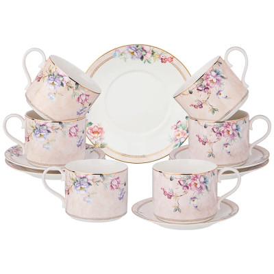 Чайный набор из фарфора с цветочным принтом на 6 персон 12 предметов Flower Porcelain Collection