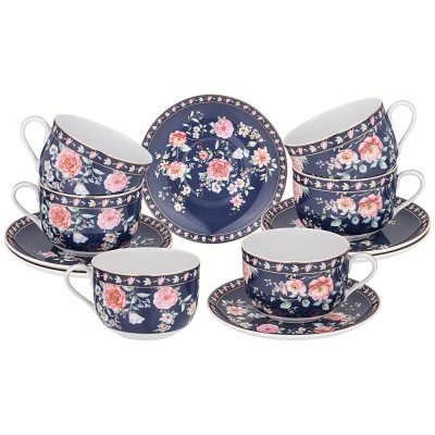 Чайный набор из фарфора синий на 6 персон 12 предметов Flower Porcelain Collection