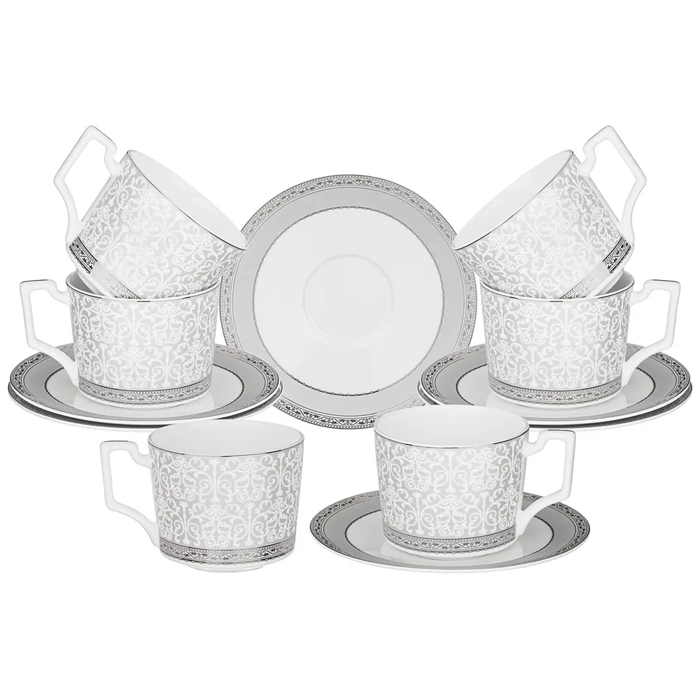 Чайный набор серо-белого цвета из фарфора на 6 персон 12 предметов 250 мл Royal Porcelain Collection