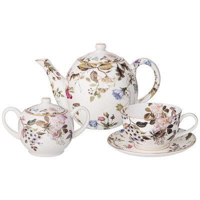 Чайный сервиз из фарфора белый с рисунком цветов на 6 персон 14 предметов Garden Whisper Porcelain Set