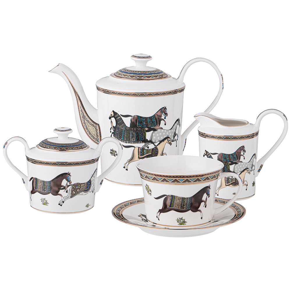 Чайный сервиз из фарфора с изображением лошадей на 6 персон 15 предметов Porcelain Horse Set