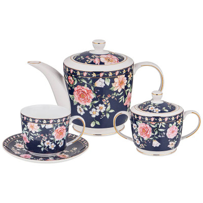 Чайный сервиз из фарфора синий на 6 персон 14 предметов Flower Porcelain Collection
