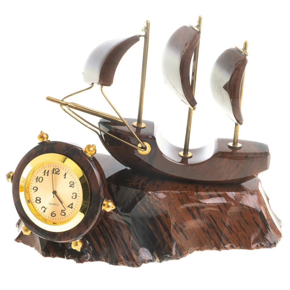 Часы настольные в виде парусника из натурального камня Обсидиан Sailboat Stone Clock