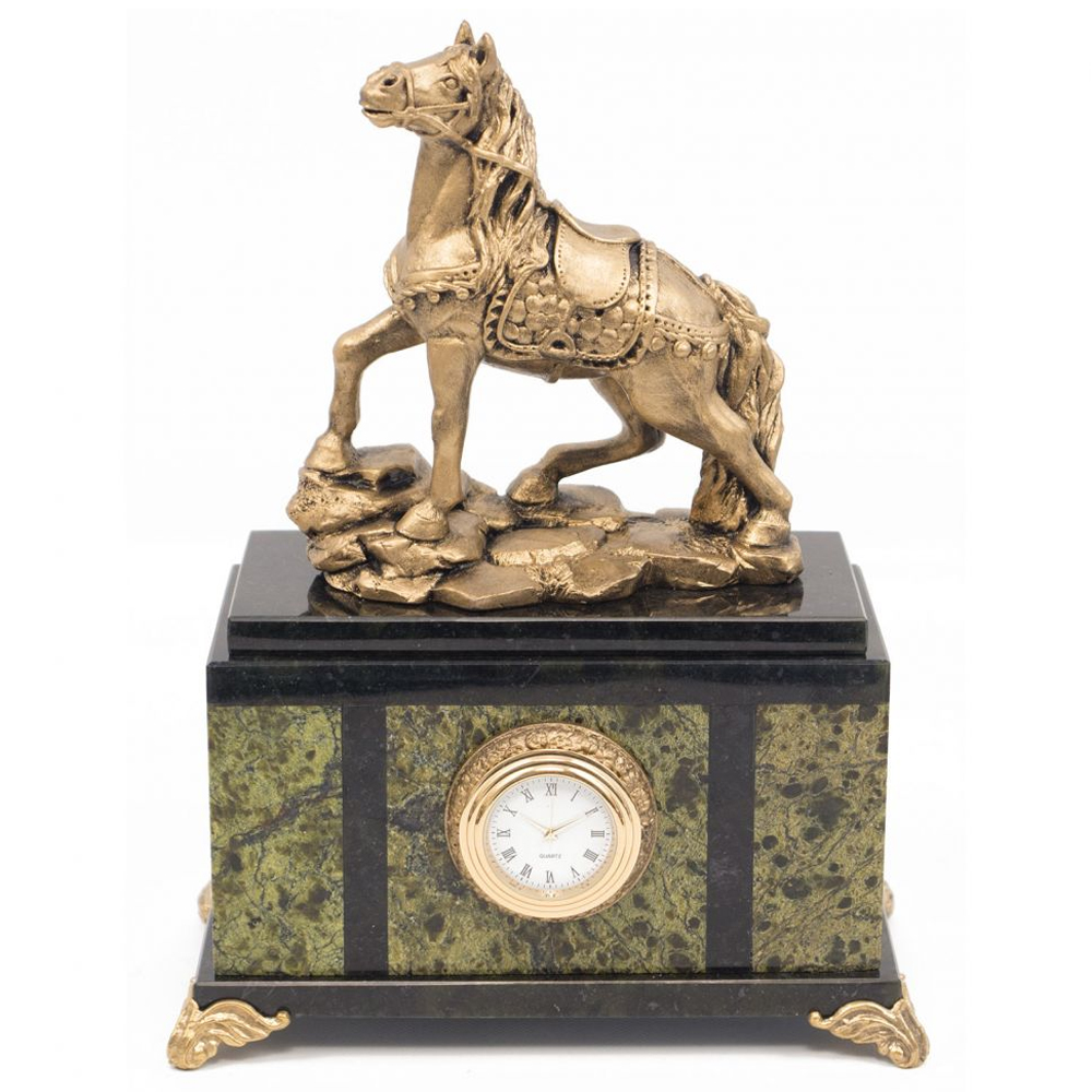Часы настольные из натурального камня с декором в виде коня Horse Stone Clock