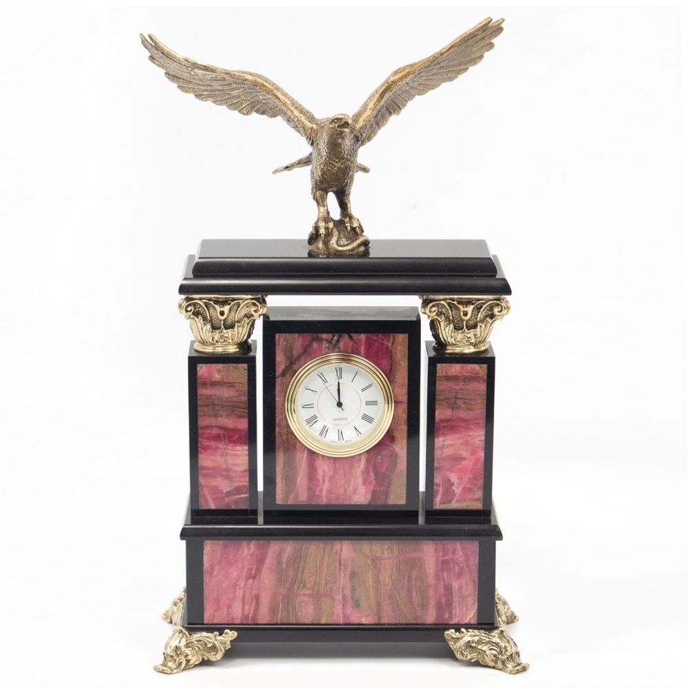 Часы настольные из родонита и бронзы с декором в виде орла Eagle Stone Clock