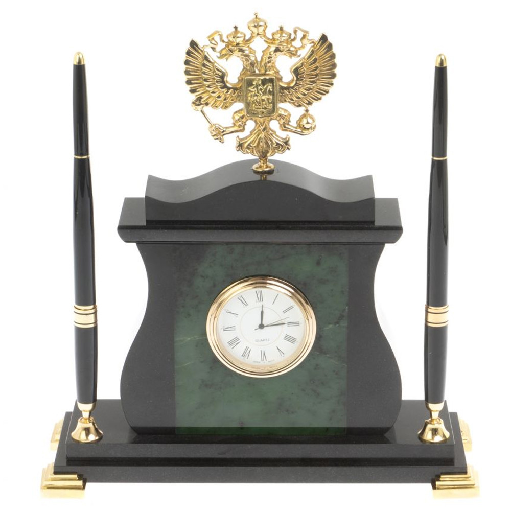 Часы настольные с Гербом России и 2-мя шариковыми ручками в комплекте Stone Clock