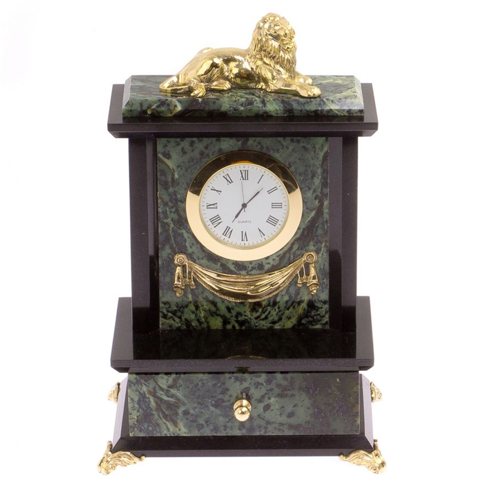 Часы настольные с декором в виде льва из натурального камня Нефрит Lion Stone Clock
