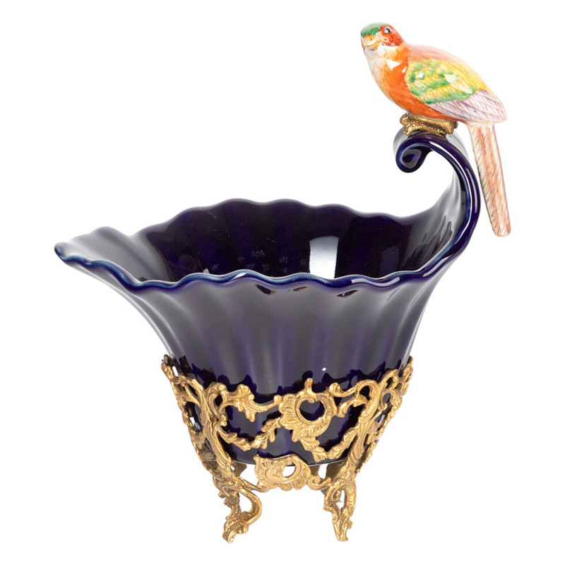 Чаша темно-синего цвета из фарфора с разноцветной птичкой Eden Garden porcelain and bronze