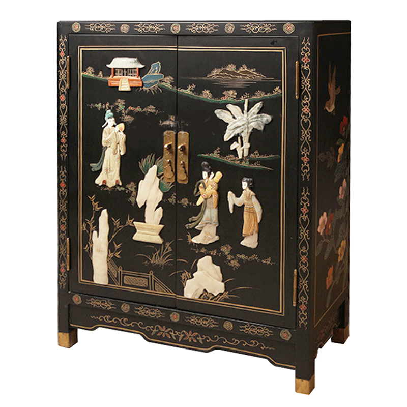 Черный Двухдверный Комод в Китайском стиле с каменным Барельефом Black Chinese Chest of drawers