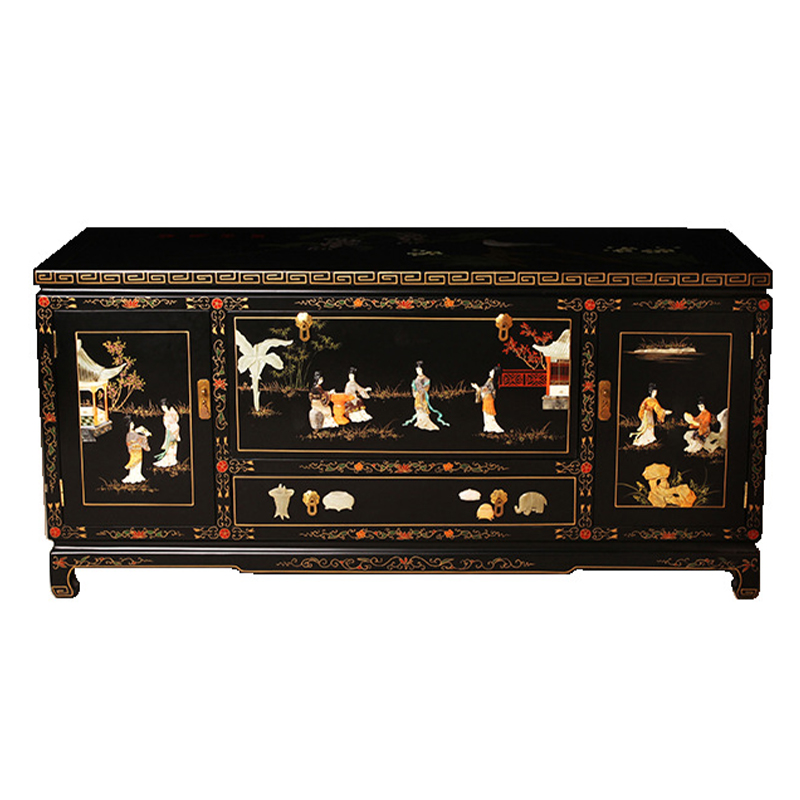 Черный Комод в Китайском стиле с каменным Барельефом Walk in the Garden Chinese Chest of Drawers