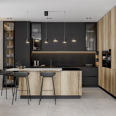 Черный матовый кухонный гарнитур с фасадом под дерево Axelle Kitchen Set