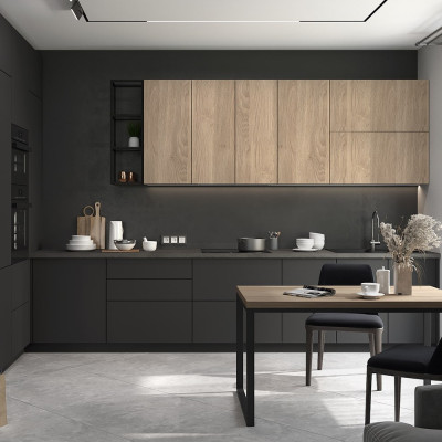 Черный матовый кухонный гарнитур с фасадом под дерево Renart Kitchen Set