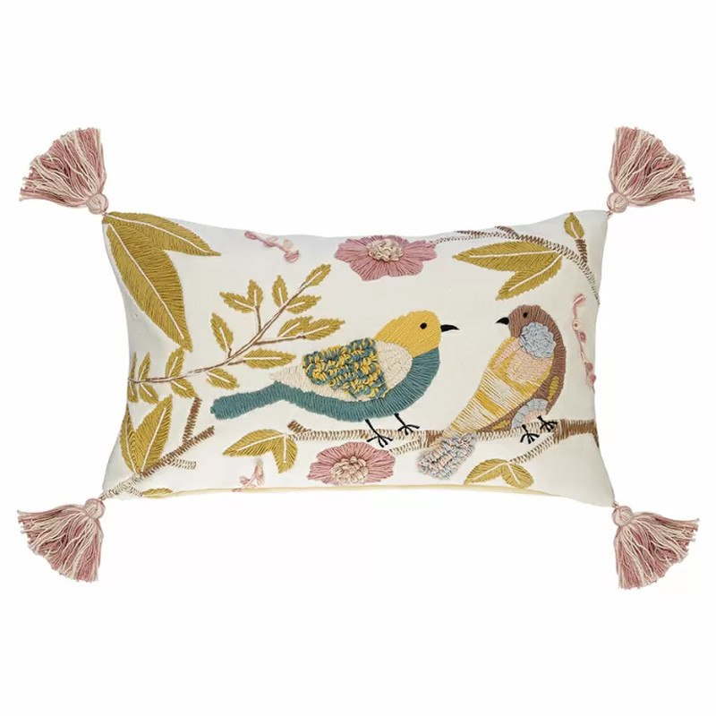 Чехол на подушку с кисточками и вышивкой птиц Ethnic mix Birds Rect